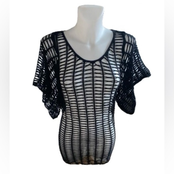 Bebe Solid Black Mesh Fishnet Bat Wing Sleeves Mini Dress / Swim Cover Up Small - Picture 7 of 13